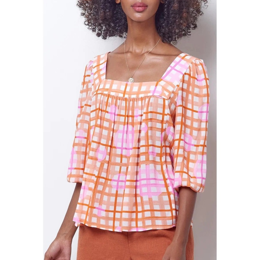 Corey Lynn Calter Orange Pink Plaid Crinkle Gauze Square‎ Neck Blouse Size Large
